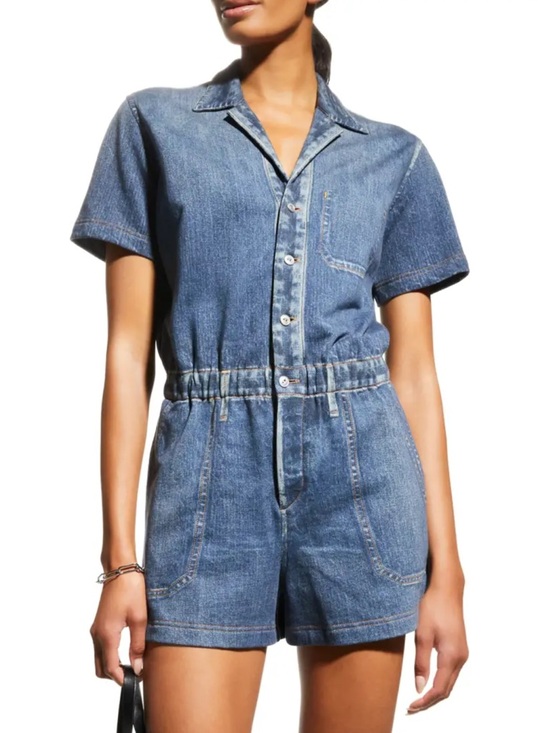 Rag & Bone Miramar Button-Front Printed Cotton Terry Romper Sz XS